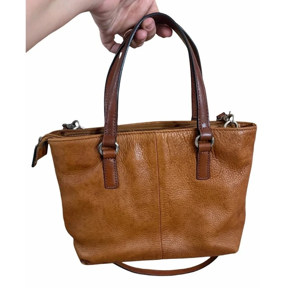 Fossil Tote Satchel Bag Brown Pebbled Leather Convertible Crossbody Classic Chic